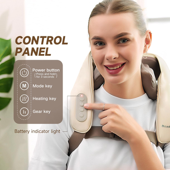 Woman using a neck and shoulder massager with control panel details.